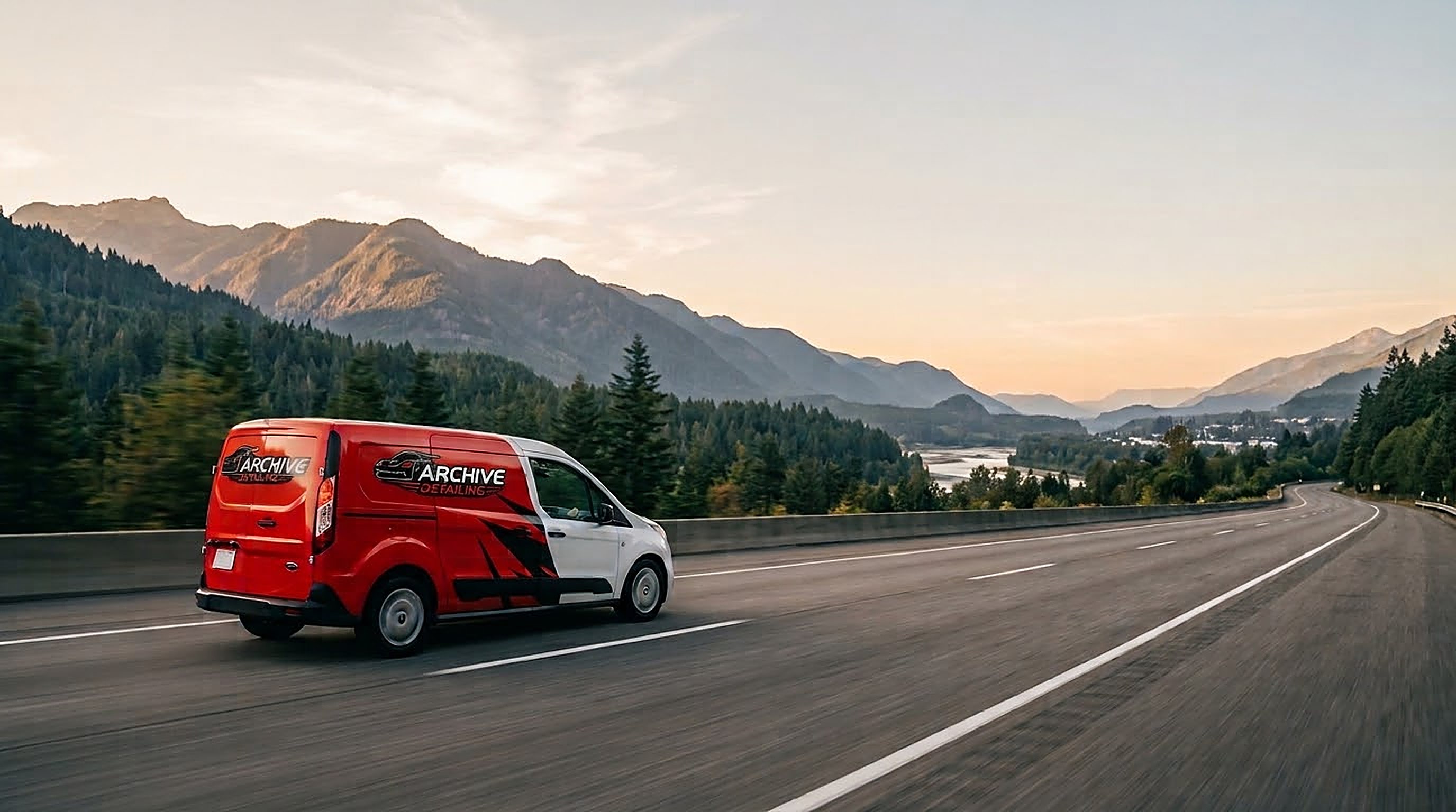Archive Detailing mobile detailing van driving on a mountain highway at sunset